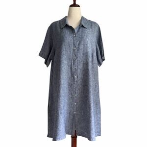 Tahari 100% Linen Button Front Dress Blue Chambray 2X Short Sleeve Pockets